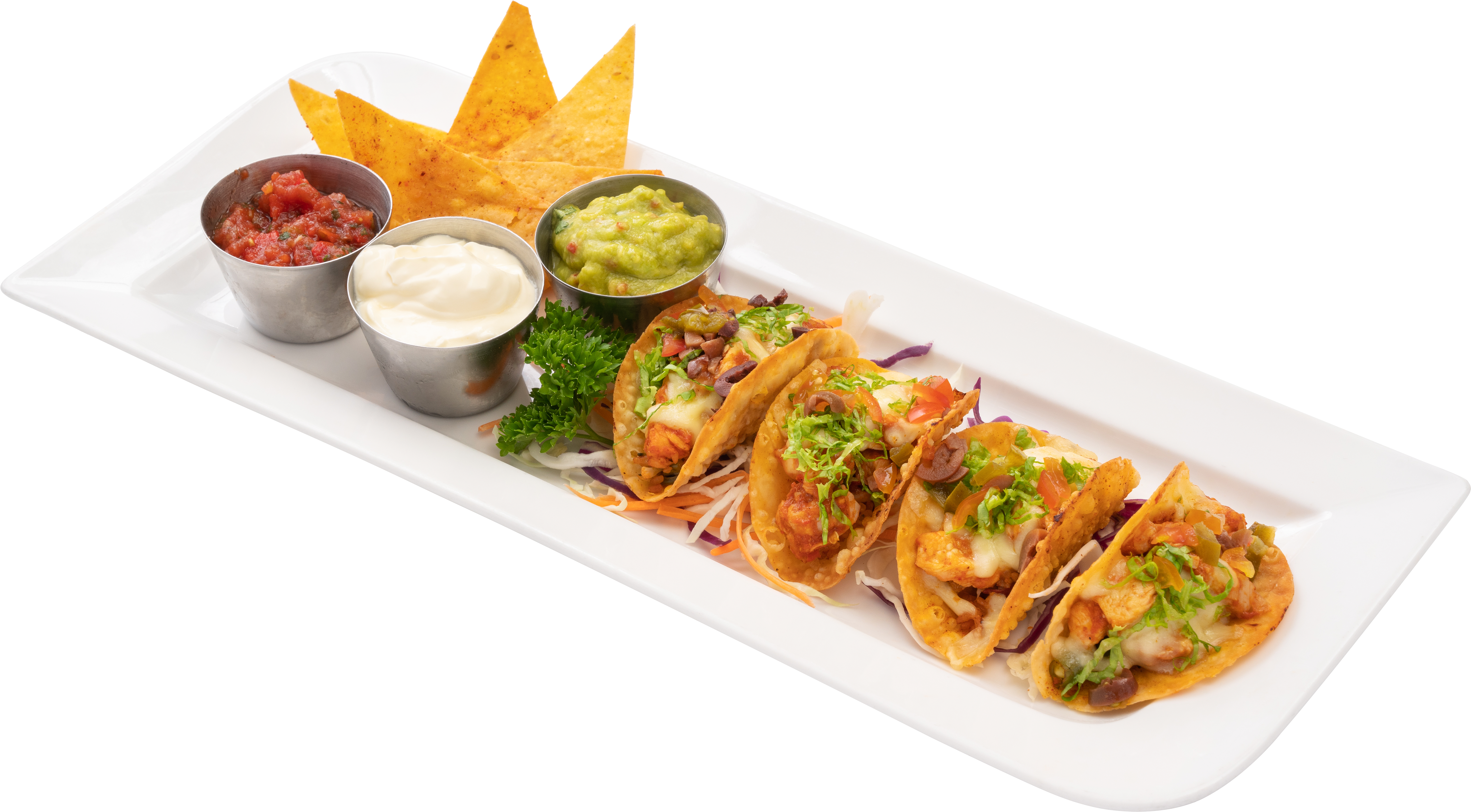 Crispy Mini Tacos với vỏ taco giòn rụm được kẹp nhân bò bằm hoặc gà cay, phủ phô mai và rau củ tươi