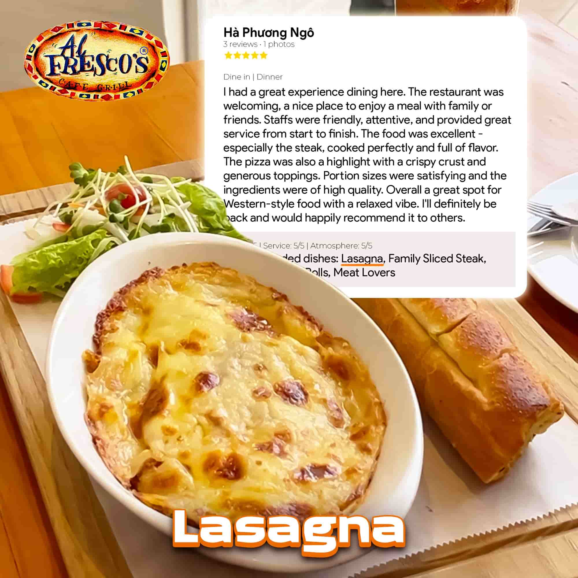 Món Lasagna đạt chuẩn tại Al Fresco’s