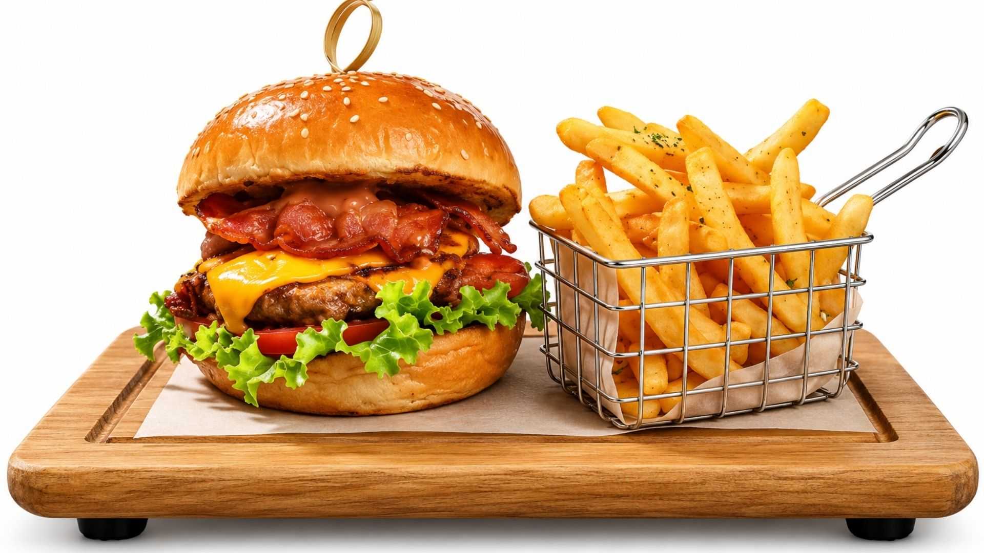 FAJITAS CHICKEN BURGER kết hợp ức gà Fajitas, xốt BBQ, thịt ba chỉ xông khói và phô mai, dùng kèm American Fries.