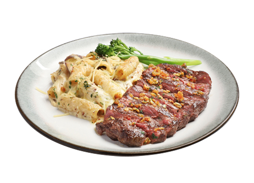 Garlic Butter Steak With Cheesy Mushoom Pasta