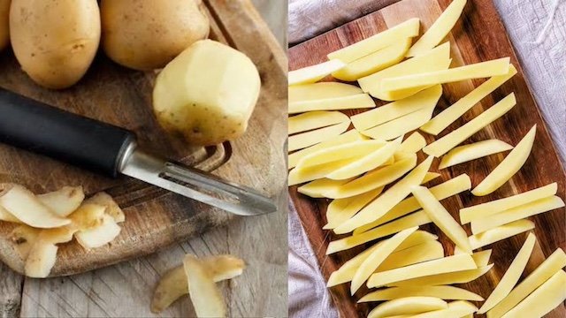 Gọt vỏ và cắt khoai thành que vừa ăn sẽ giúp khoai giòn đều và thấm gia vị hơn p món khoai chiên dễ giòn ngon hơn.