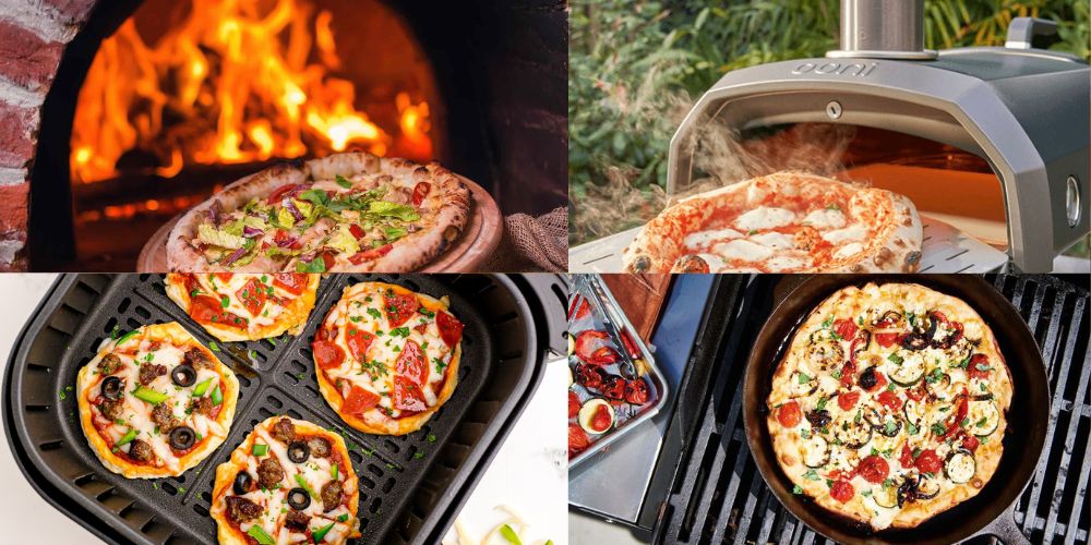 Nướng pizza bằng lò nướng, nồi chiên không dầu hoặc chảo chống dính đều cần kiểm soát nhiệt để đế giòn và phô mai tan đều.