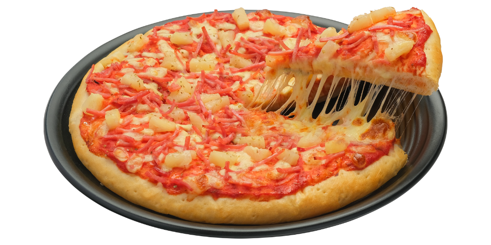 Pizza Hawaiian kết hợp xốt cà chua pizza đậm đà cùng jambon và vị ngọt tự nhiên.