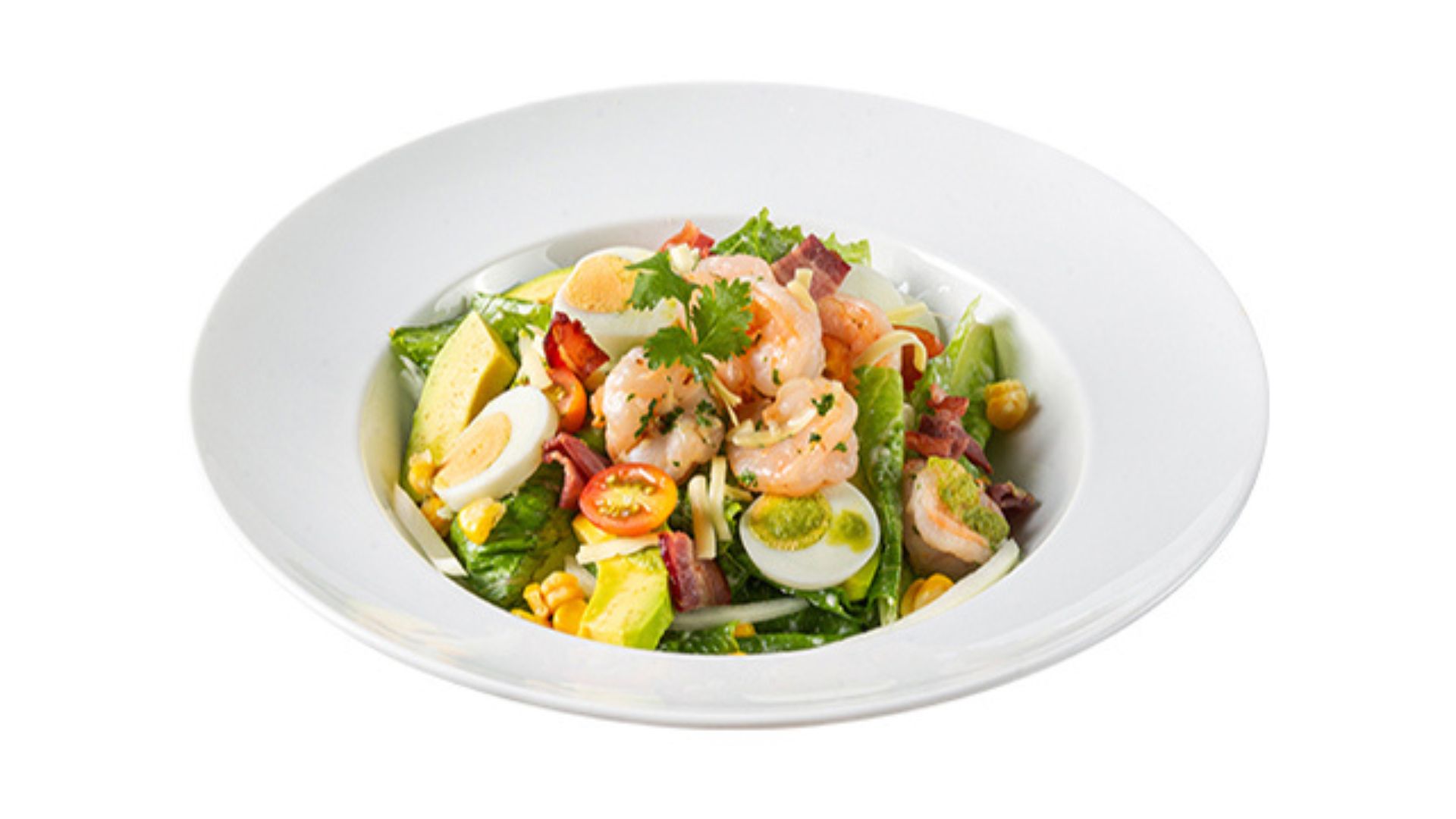 Prawn Cobb Salad có tôm và nhiều nguyên liệu ăn kèm, phù hợp khi muốn salad giàu hương vị.