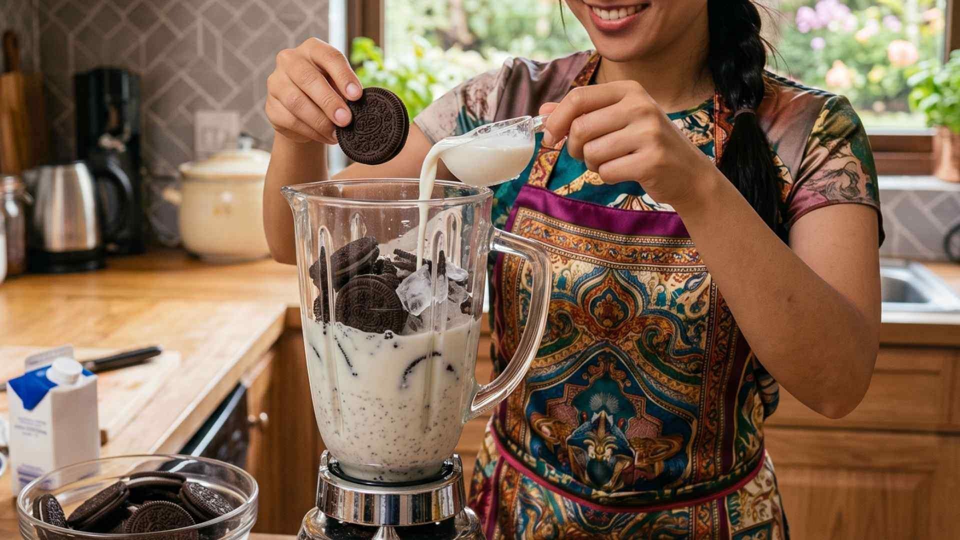 Cho lần lượt bánh Oreo, sữa và đá vào máy xay để hỗn hợp dễ hòa quyện