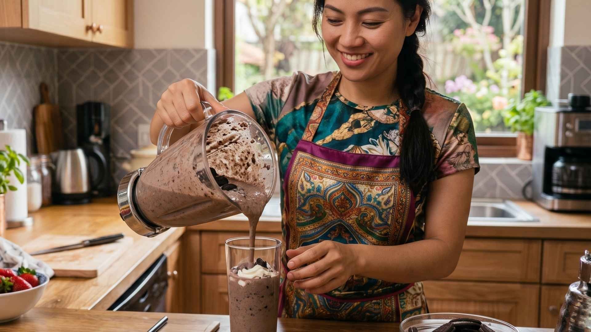 Rót oreo đá xay ra ly ngay sau khi xay để giữ được độ lạnh và kết cấu mịn