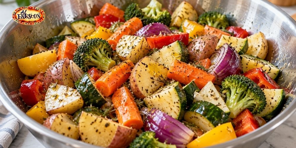 Trộn đều rau củ với dầu ô liu, muối, tiêu và các loại gia vị