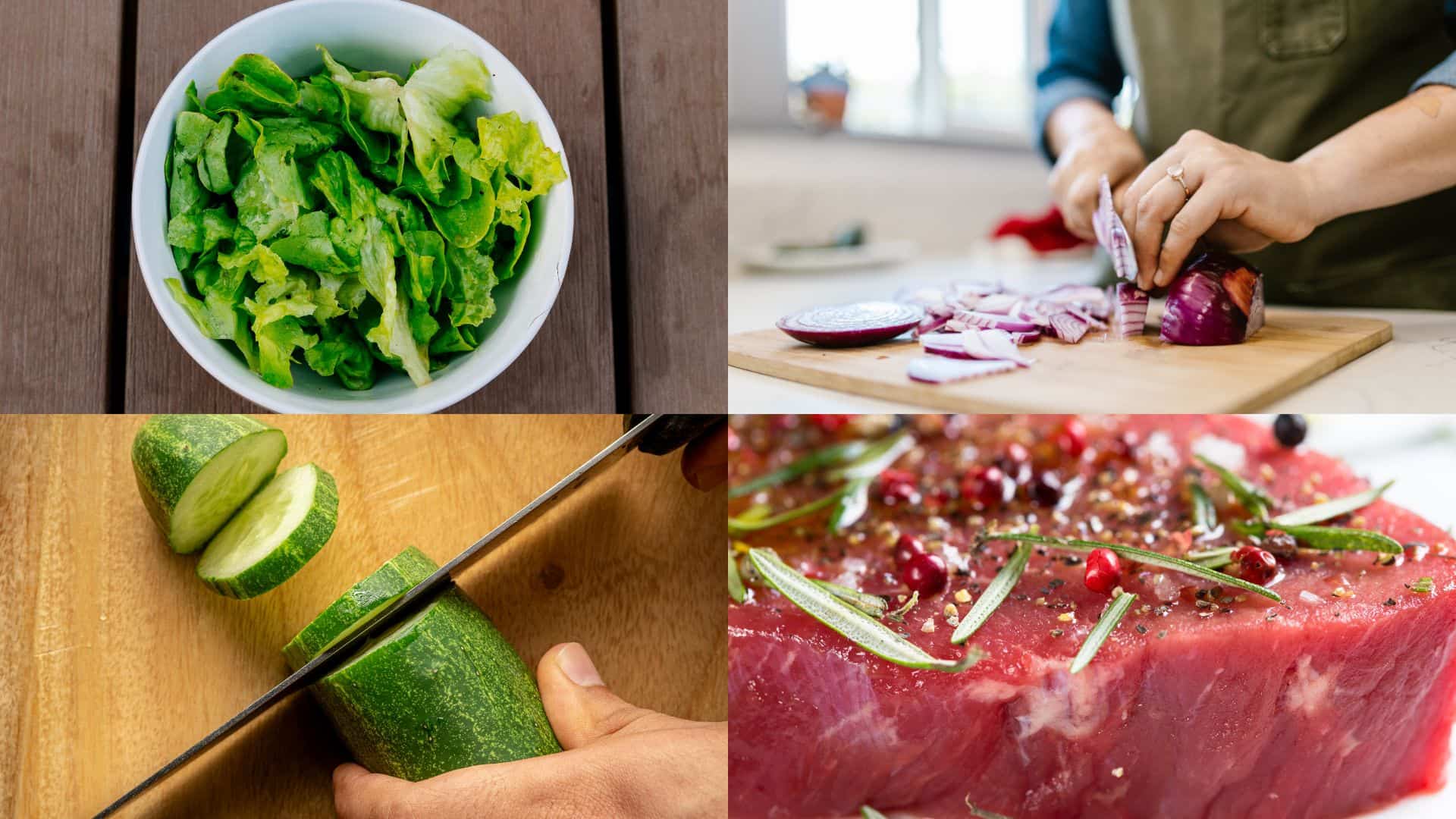 Sơ chế nguyên liệu giúp rau củ giữ được độ tươi giòn, đồng thời chuẩn bị thịt bò sẵn sàng cho bước áp chảo hoặc nướng.