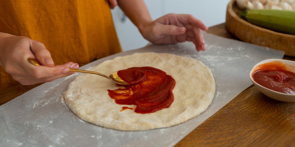Phết đều sốt cà chua lên bề mặt đế pizza, chừa viền bánh để khi nướng được phồng giòn đẹp mắt