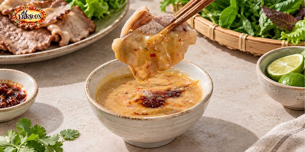 Xốt chao có vị béo và đậm đà, kết hợp cùng thịt nướng tạo nên hương vị hài hòa