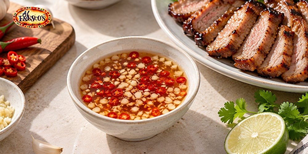 Nước mắm tỏi ớt kết hợp vị mặn, ngọt, chua và cay để tạo nên loại nước chấm đậm đà cho thịt nướng