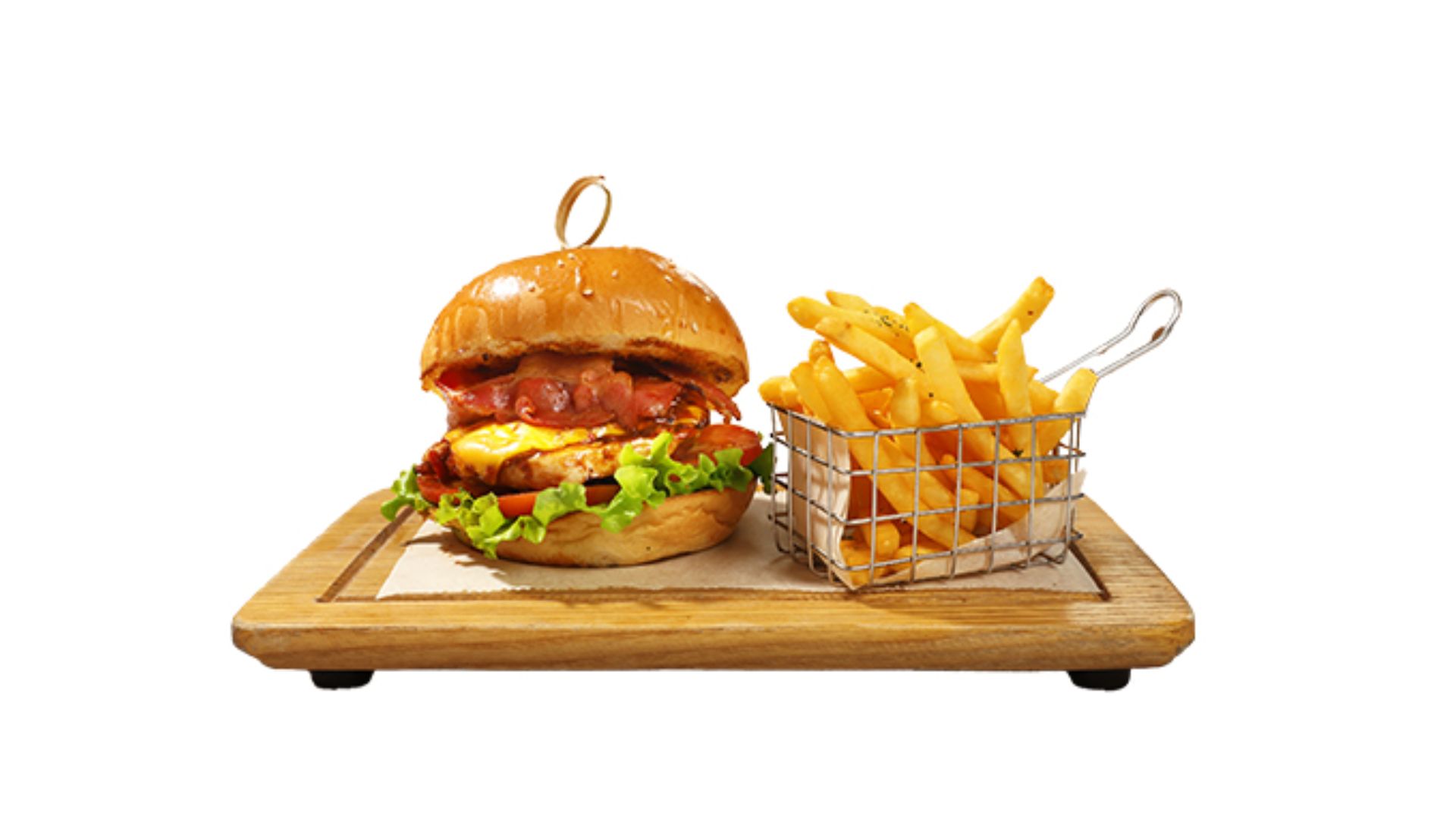 Chicken Bacon Cheese Burge kết hợp độc đáo giữa thịt gà, thịt ba rọi xông khói và phô mai béo ngậy.