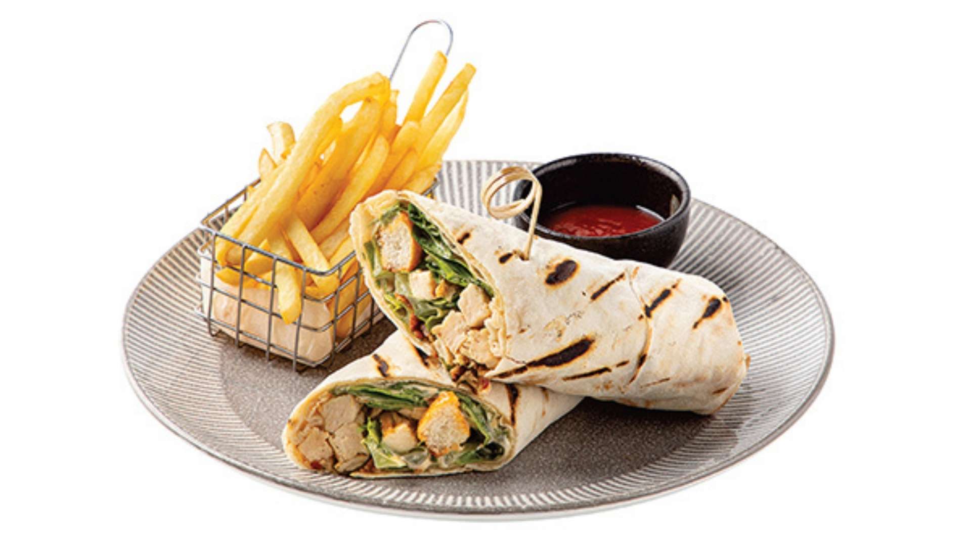 Chicken Caesar Salad Wrap với ức gà, rau xanh và xốt Caesar hài hòa trong từng cuốn bánh