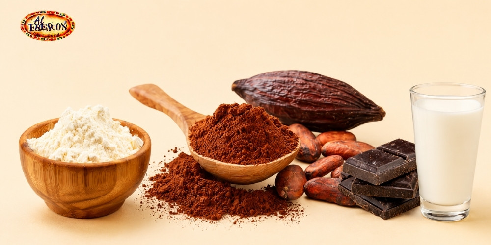 Bột cacao, sữa tươi và bột bắp là những nguyên liệu chính tạo nên món pudding chocolate mềm mịn