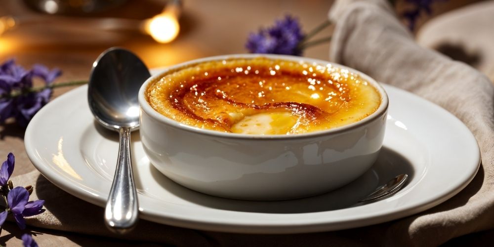 Bánh Crème Brûlée với lớp caramen mỏng và phần kem mịn bên dưới.