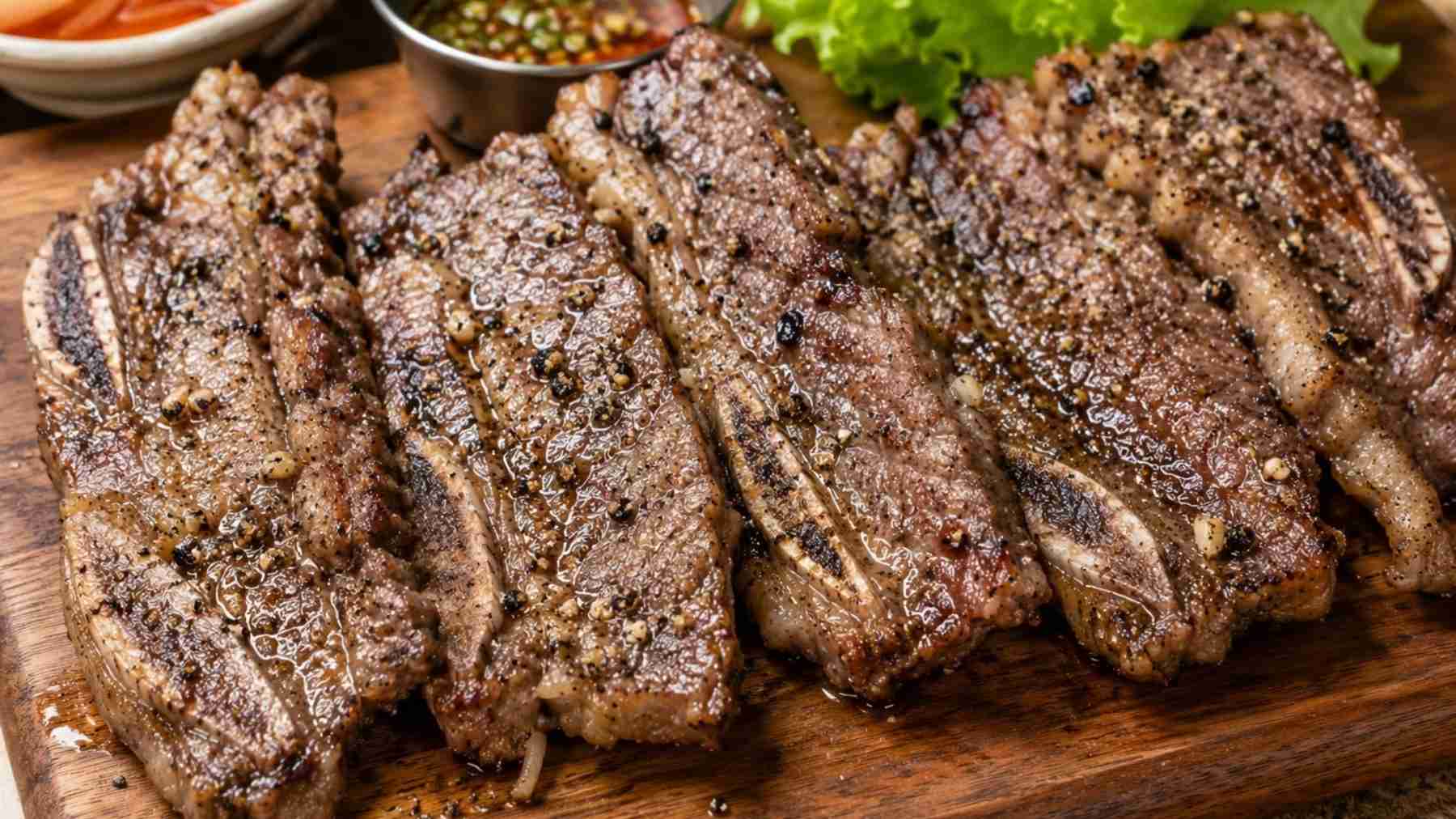 Dẻ sườn bò nướng muối tiêu giữ trọn vị thơm tiêu và mềm mọng sau khi nướng