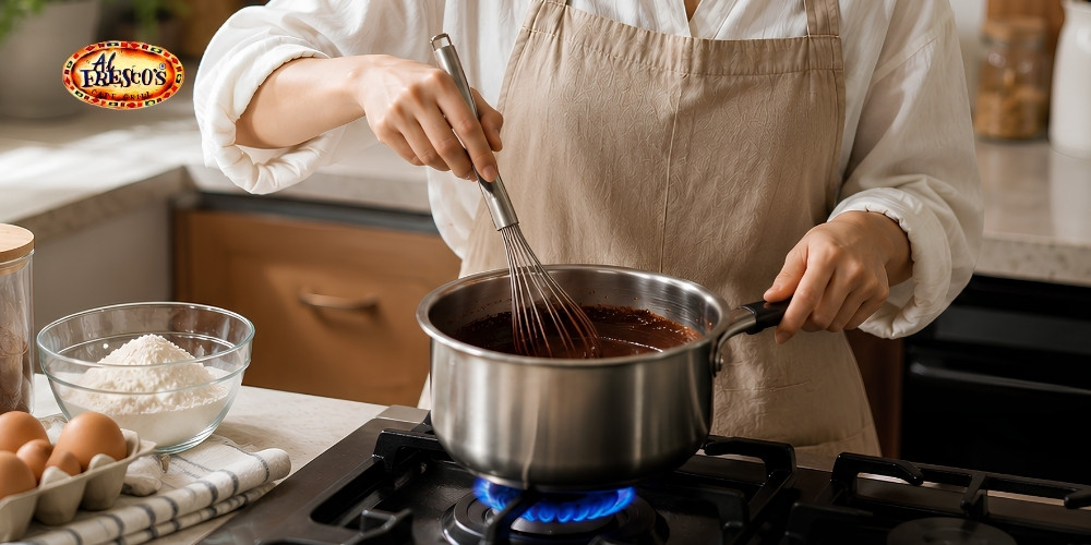Đun lửa nhỏ đến vừa, khuấy đều đến khi sánh rồi thêm vani
