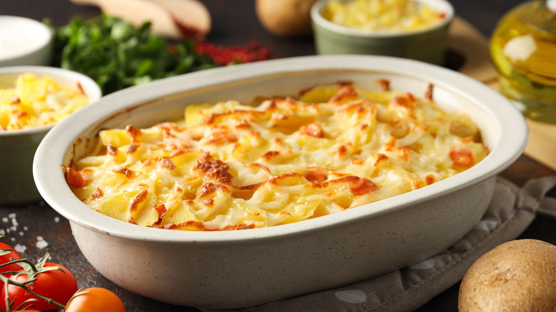 Gratin khoai tây với nhiều lớp khoai, kem và phô mai nướng vàng thơm béo đặc trưng.