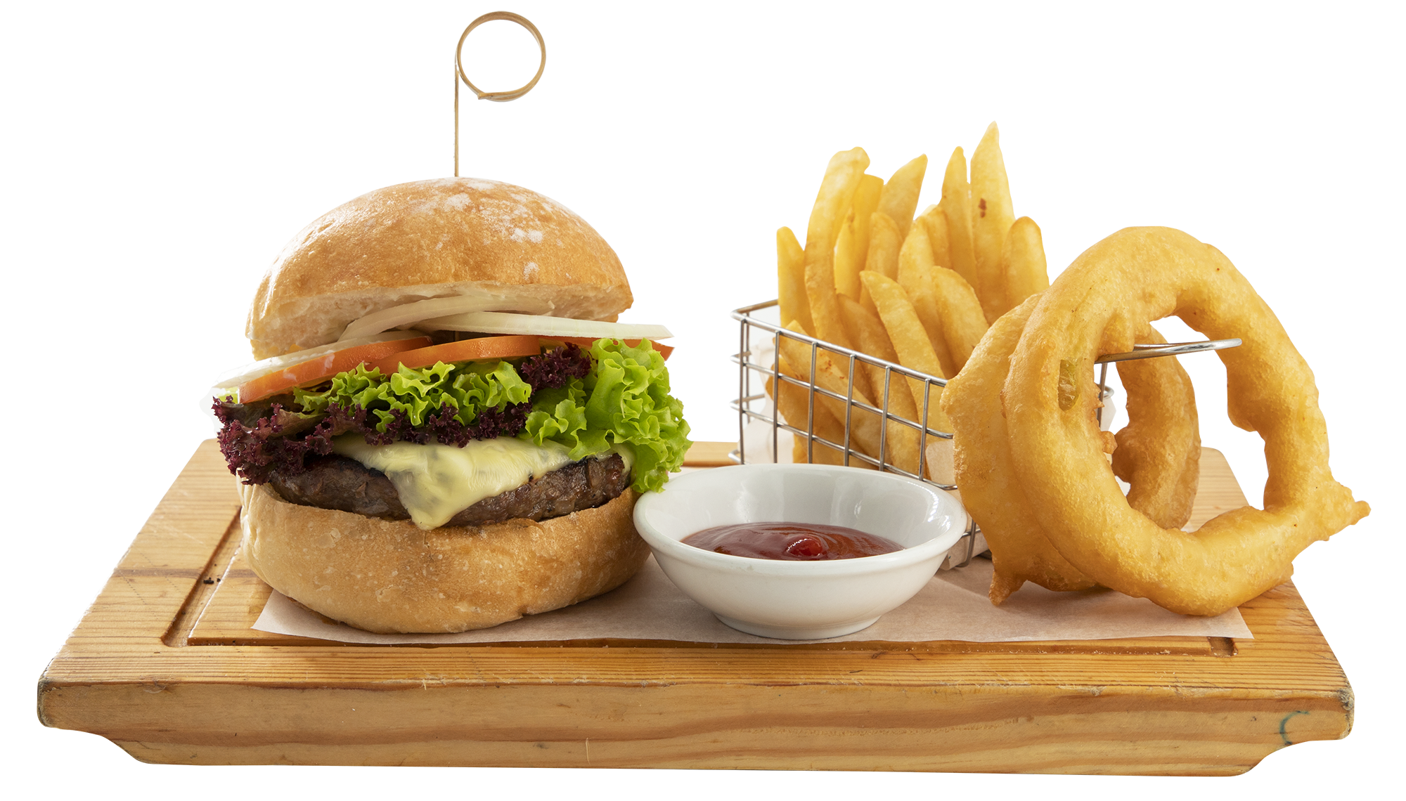 Hamburger kẹp với thịt bò nướng, thịt xông khói phô mai
