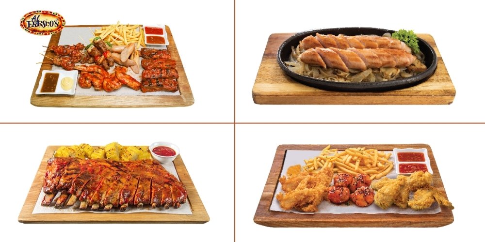 Thực đơn đồ nướng tại Al Fresco's mang đến nhiều lựa chọn từ thịt, gà, hải sản đến các platter chia sẻ cho nhiều dịp khác nhau