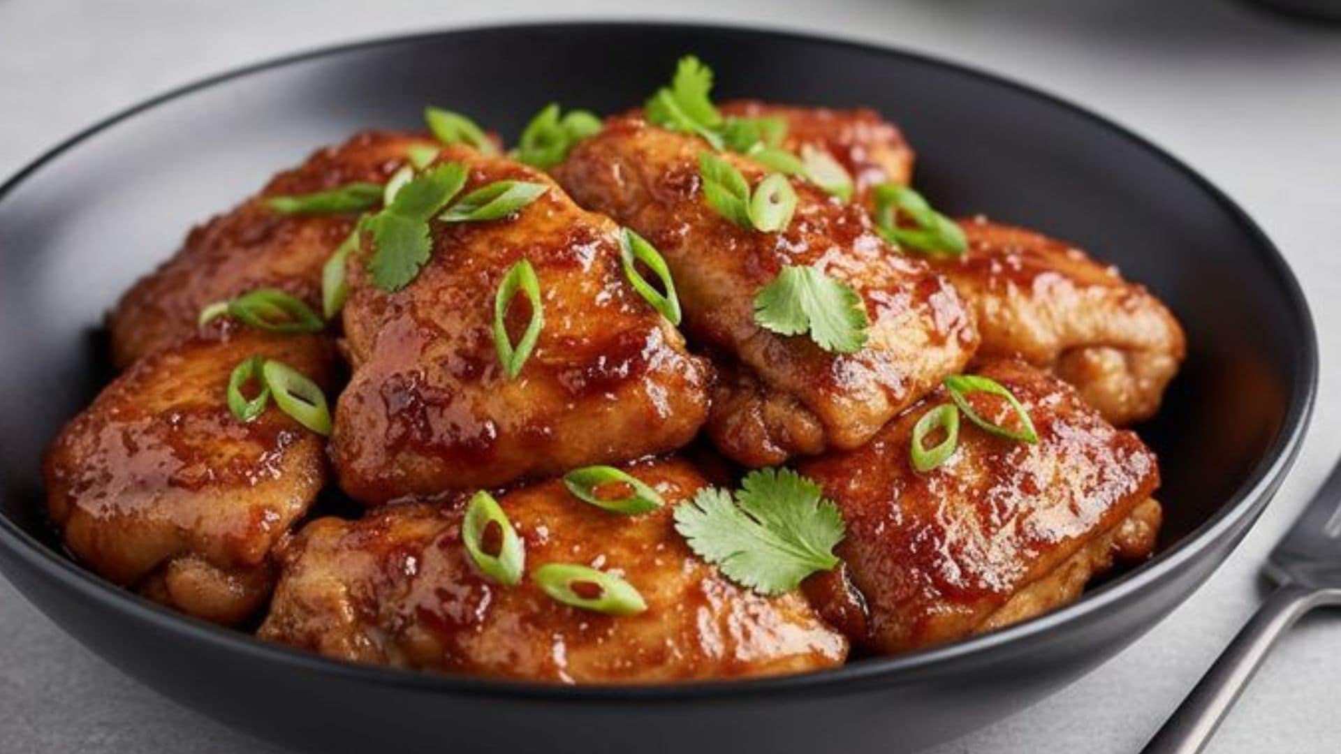 Má đùi gà chiên xốt chua ngọt kết hợp cùng hành tây và ớt chuông, cân bằng vị chua, ngọt trong món ăn.