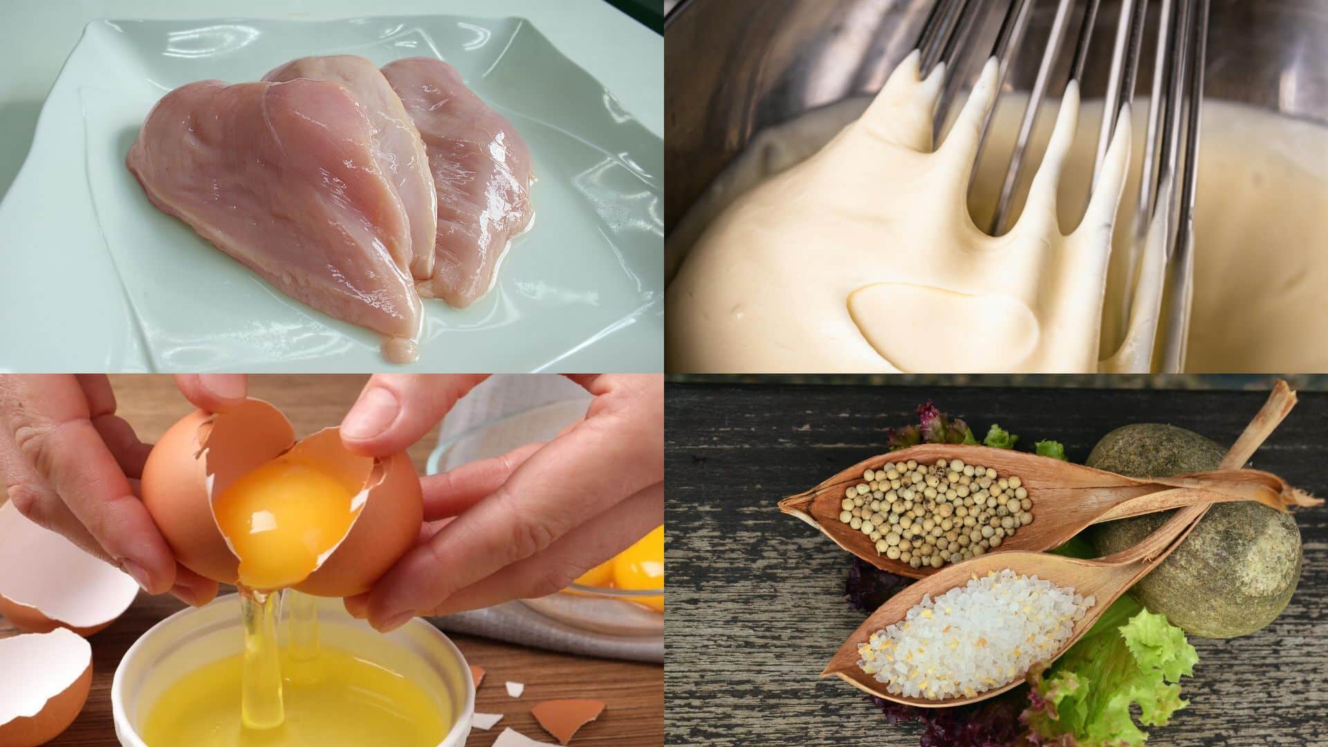 Nguyên liệu làm gà xốt chua ngọt gồm ức gà, bột chiên giòn, trứng gà cùng các gia vị cần thiết để chế biến món ăn.