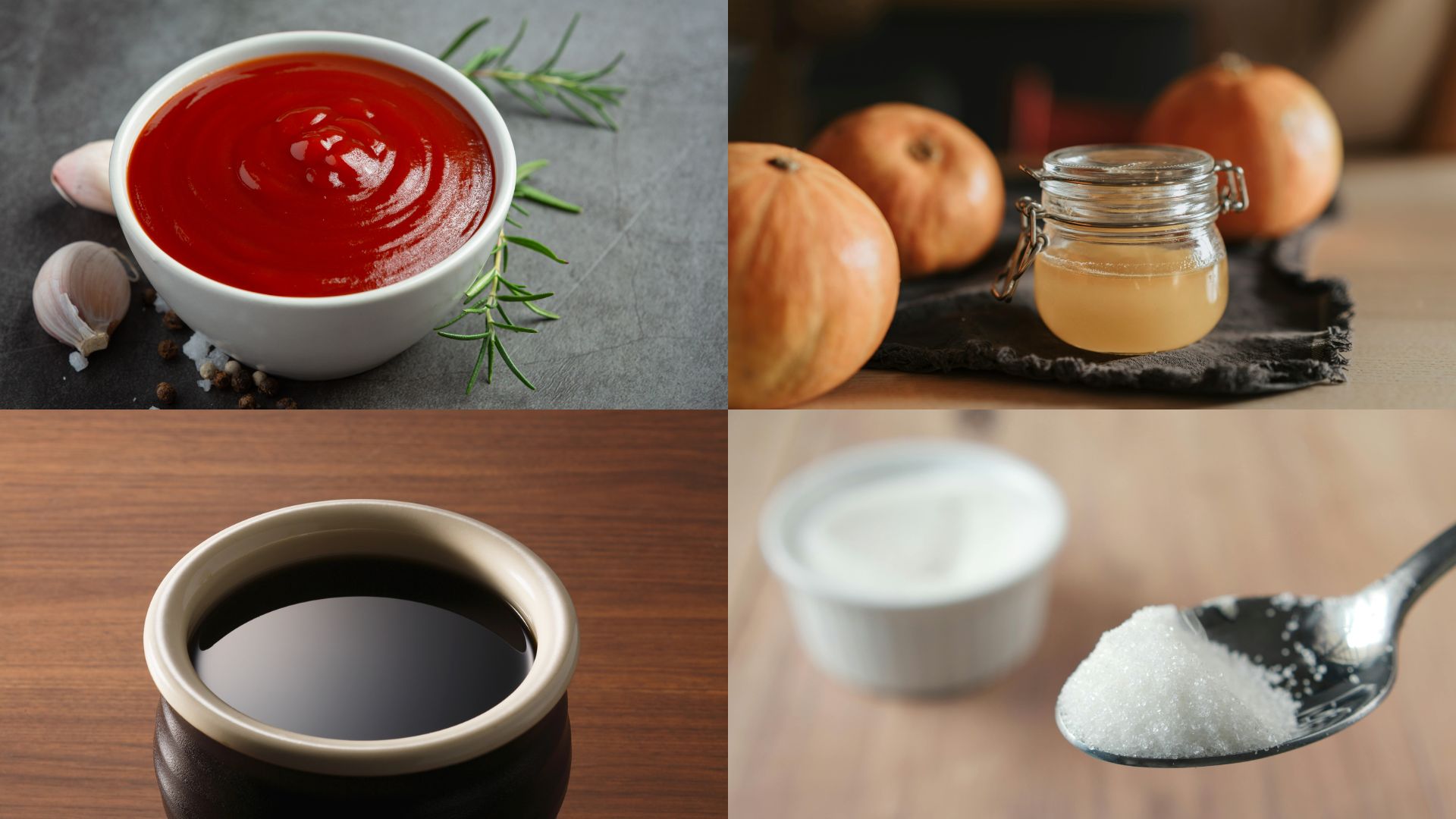 Nguyên liệu làm xốt chua ngọt gồm tương cà, giấm, đường, nước tương kết hợp cùng ớt chuông và hành tây để tạo phần xốt hài hòa cho món gà.