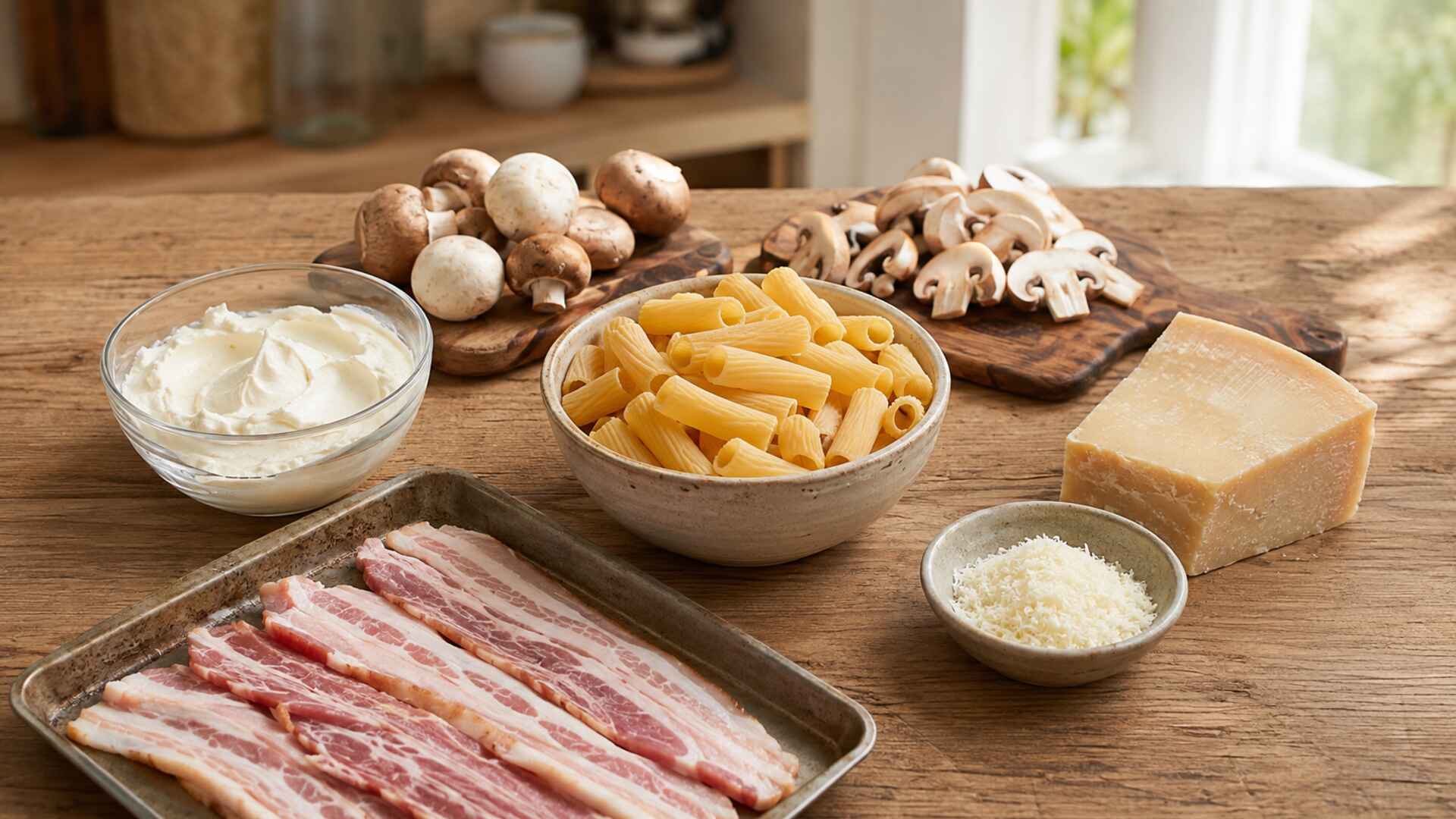 Nui, Whipping cream, nấm, thịt ba chỉ xông khói và Parmesan là các nguyên liệu chính của món ăn