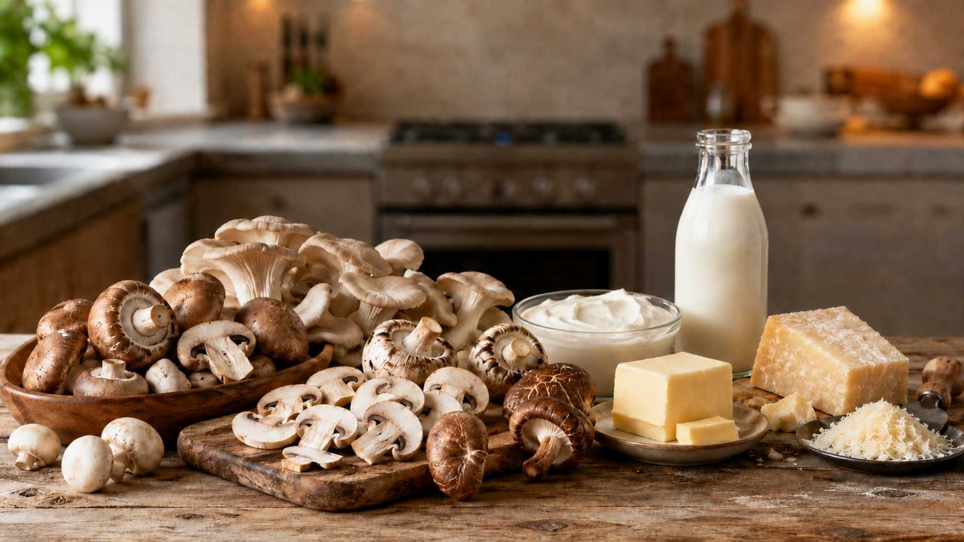 Nấm, kem, sữa, bơ và Parmesan là những nguyên liệu chính của xốt kem nấm