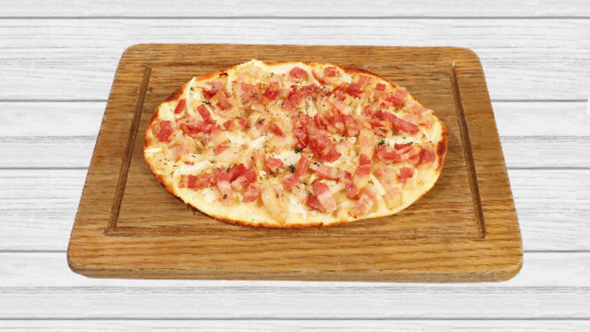 Northern Italian Flatbread Pizza có đế mỏng giòn, thịt ba chỉ xông khói và xốt kem phô mai