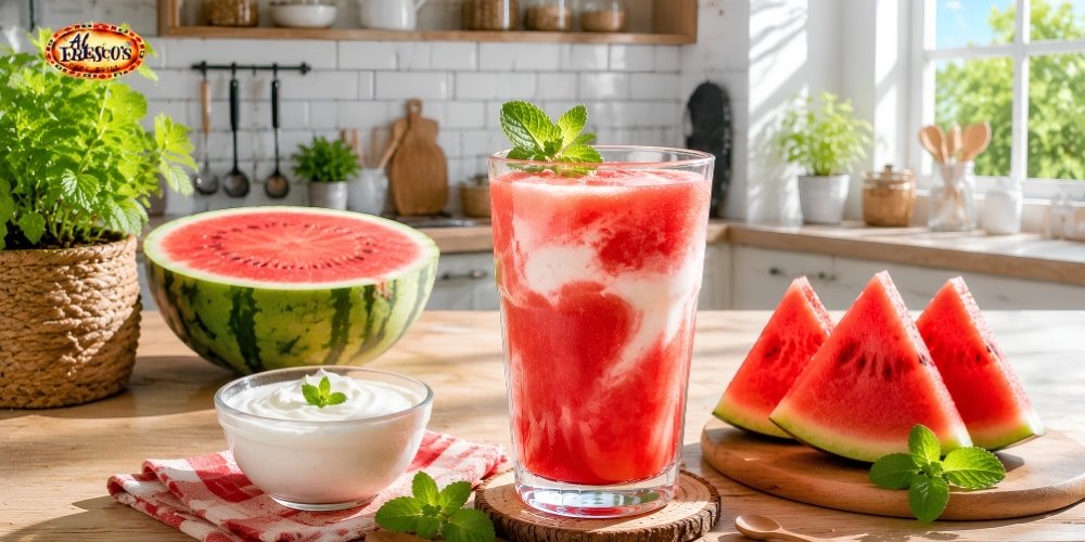 Ly nước ép dưa hấu kết hợp sữa chua có kết cấu mịn, vị béo nhẹ và hương trái cây tươi mát
