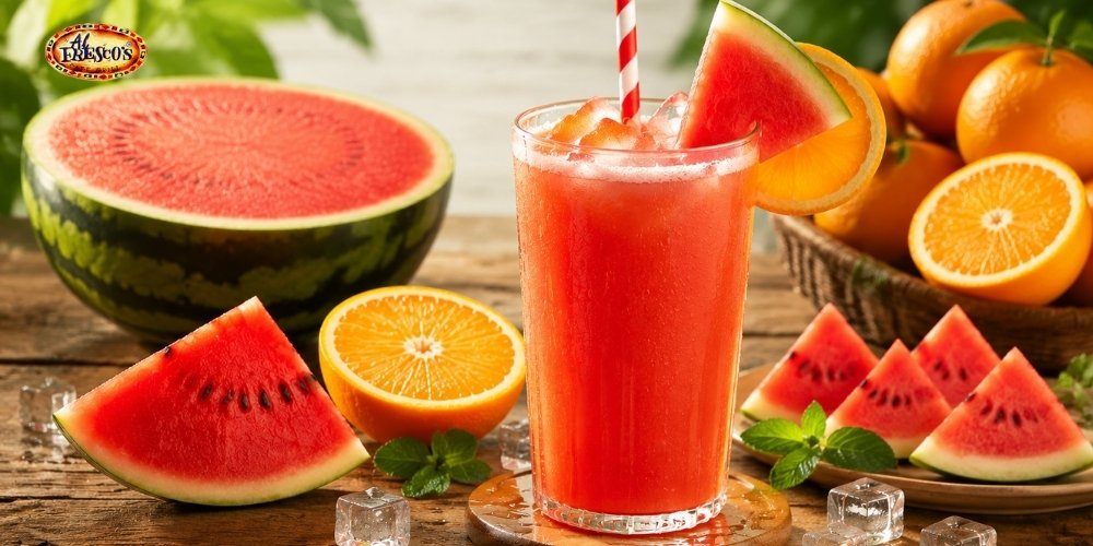 Ly nước ép dưa hấu và cam với sắc đỏ cam tươi sáng, mang vị ngọt thanh xen chút chua dịu