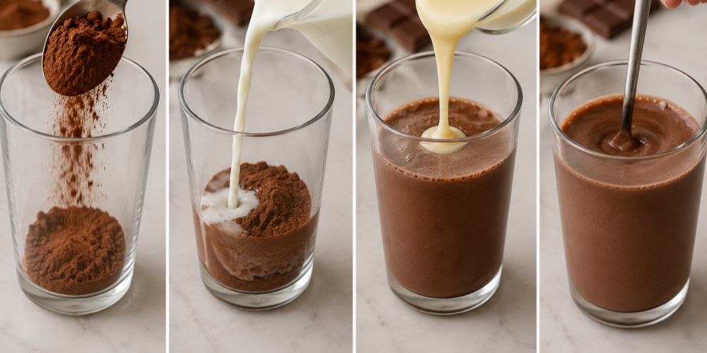 Cho bột cacao hoặc chocolate syrup vào ly cùng với sữa tươi và sữa đặc