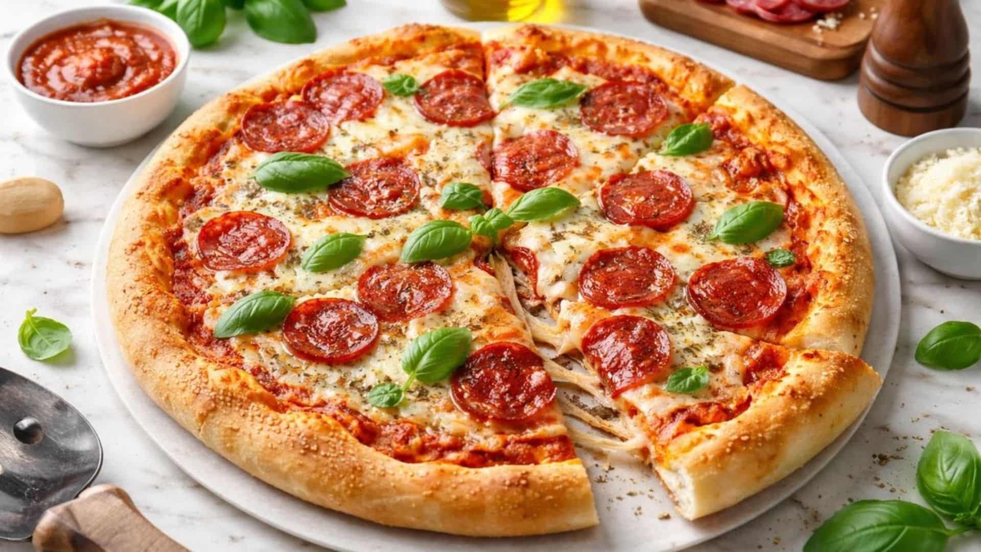 Pizza xúc xích vỏ dày mang phong cách Chicago với đế bánh dày, xốp