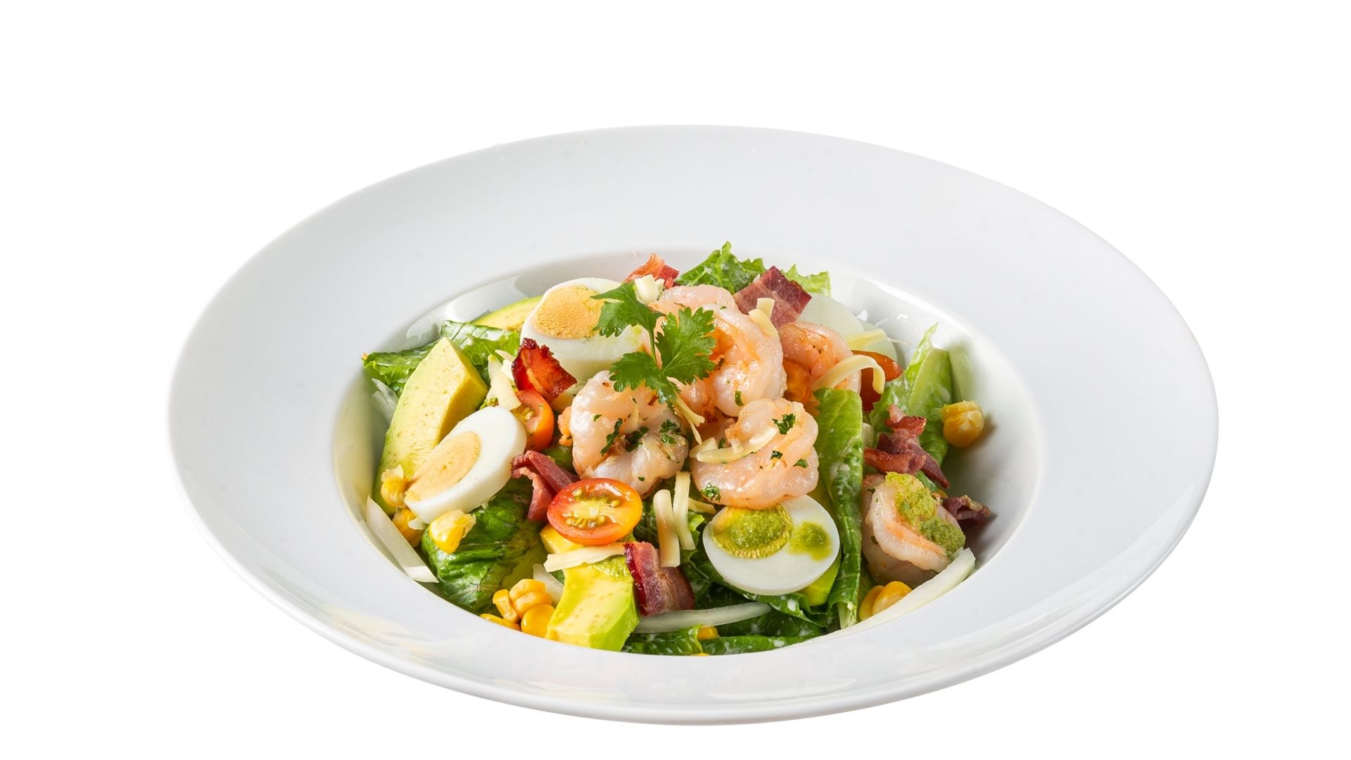 Prawn Cobb Salad với tôm xào tỏi, trứng luộc, bơ, bắp và thịt xông khói, dùng cùng xốt ngò rí sữa chua