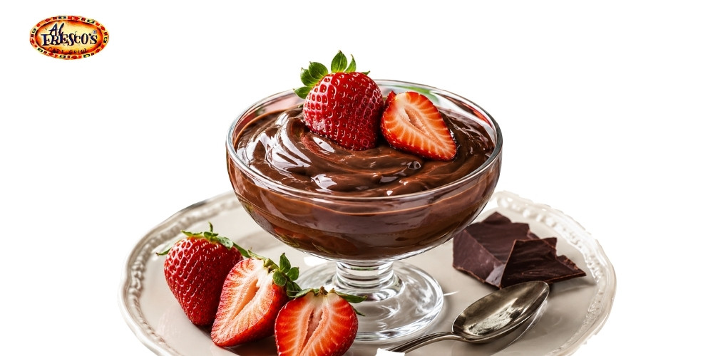 Pudding chocolate kết hợp cùng trái cây tươi mang đến hương vị cân bằng và màu sắc bắt mắt cho món tráng miệng