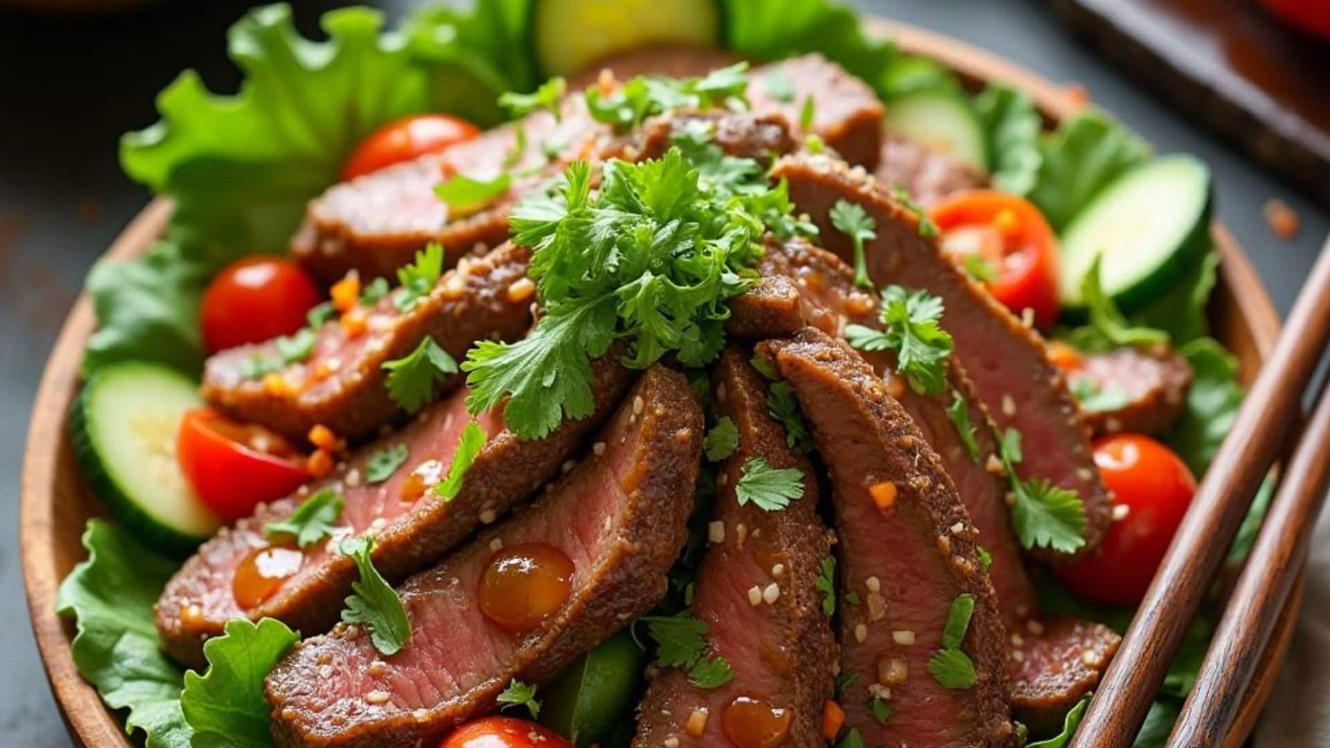 Salad thịt bò dầu giấm kết hợp thịt bò mềm, rau củ tươi và vị chua nhẹ của xốt dầu giấm, mang đến món ăn thanh nhẹ, dễ thưởng thức.