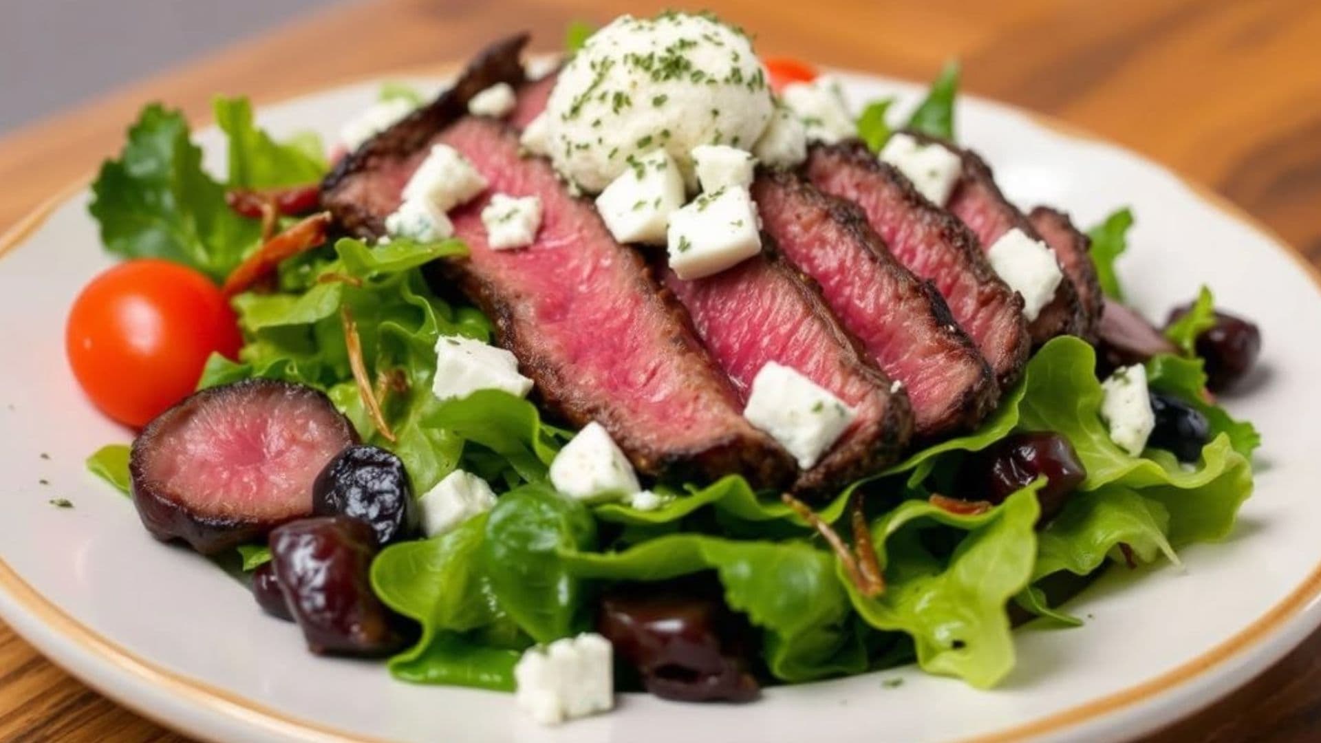 Salad thịt bò với phô mai Parmesan kết hợp thịt bò mềm, rau củ tươi và vị béo thơm nhẹ của Parmesan, tạo nên hương vị hài hòa theo phong cách Âu.