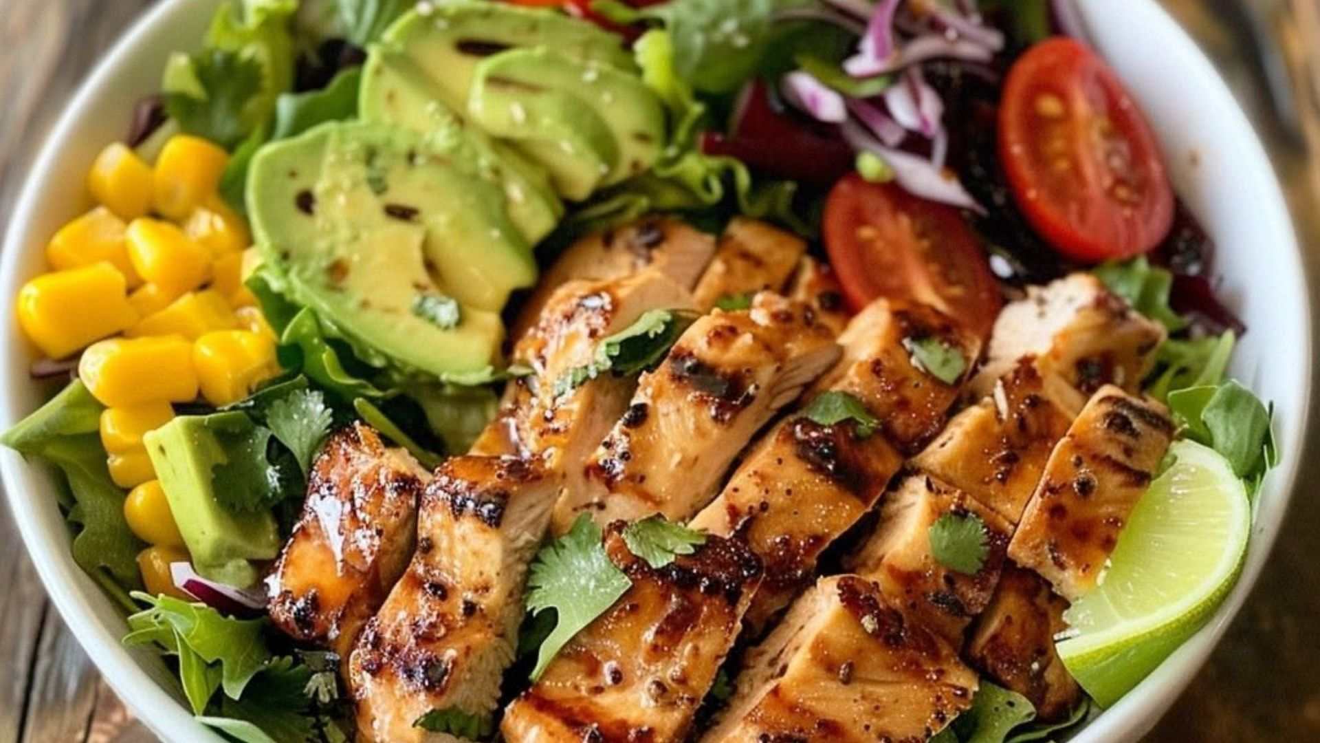 Salad bơ với ức gà kết hợp bơ béo, ức gà áp chảo và rau củ tươi, tạo nên món ăn nhẹ nhưng cân bằng và giàu protein.