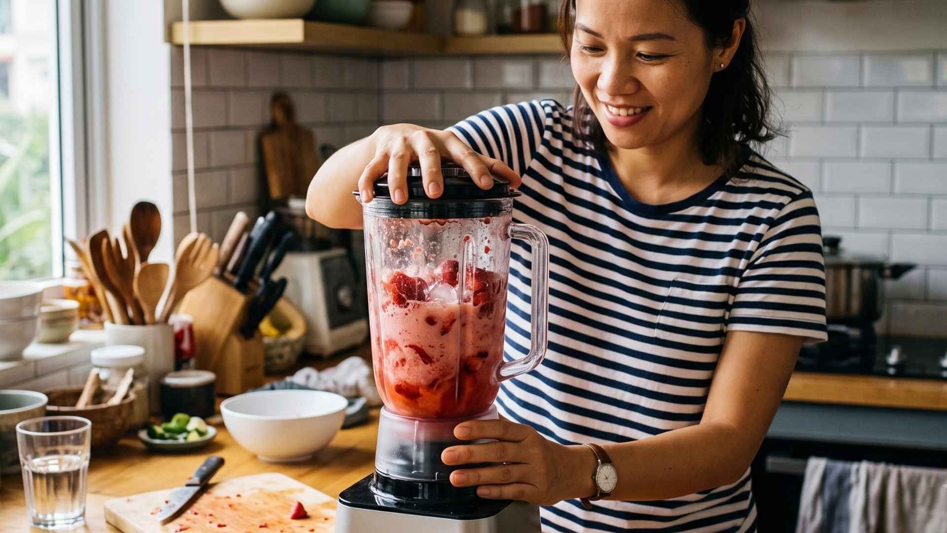 Hỗn hợp được xay đến khi sánh mịn, giữ trọn màu sắc và hương thơm tự nhiên của dâu tây